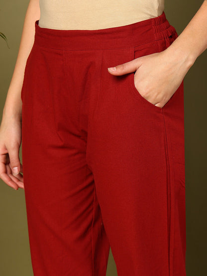 Maroon Pure Cotton Solid Casual Trousers