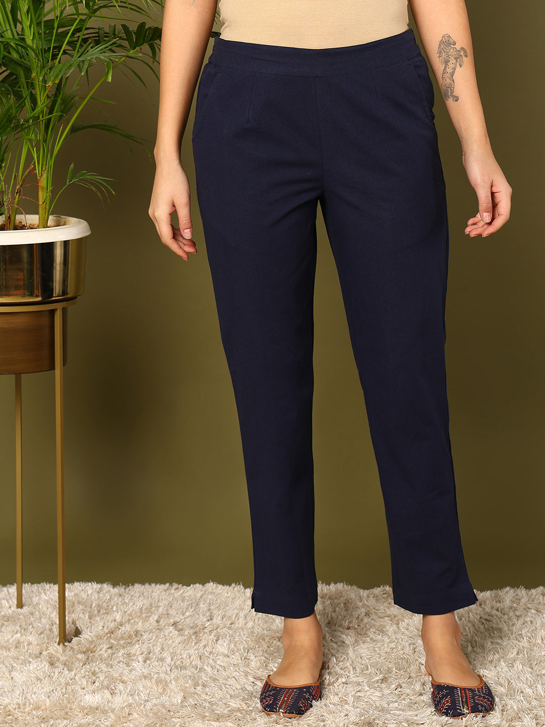 Blue Pure Cotton Solid Cigarette Trousers