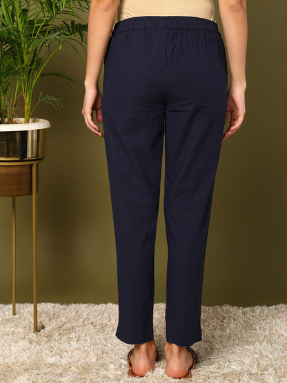 Blue Pure Cotton Solid Cigarette Trousers
