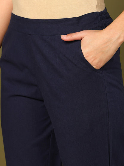 Blue Pure Cotton Solid Cigarette Trousers