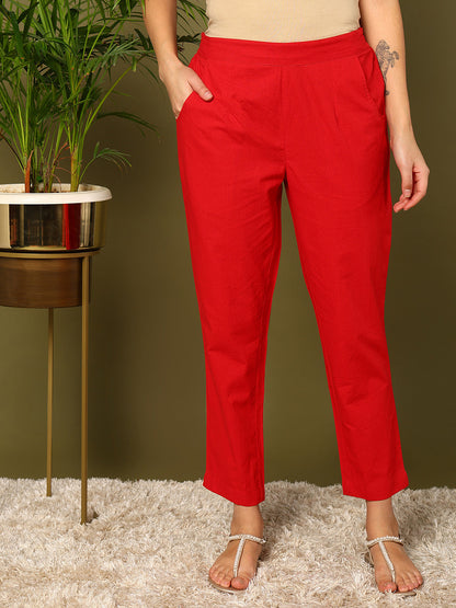 Red Pure Cotton Solid Casual Trousers
