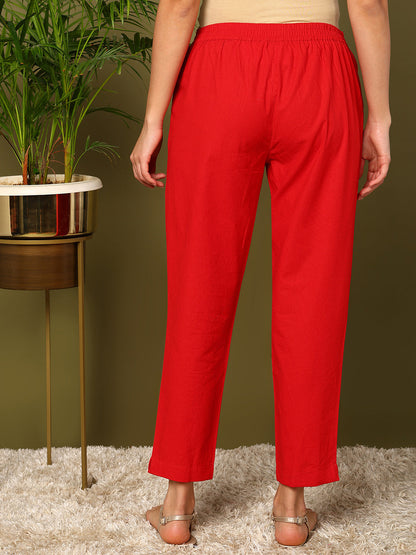 Red Pure Cotton Solid Casual Trousers