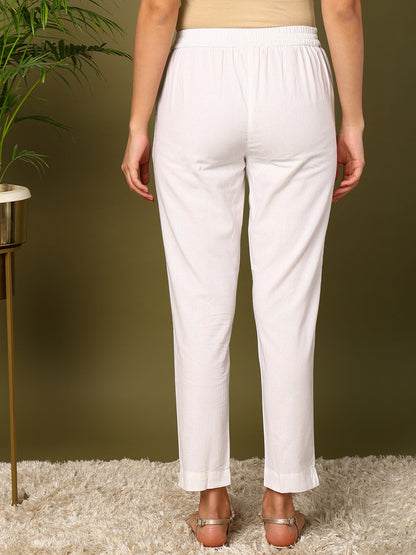 White Pure Cotton Solid Cigarette Trousers