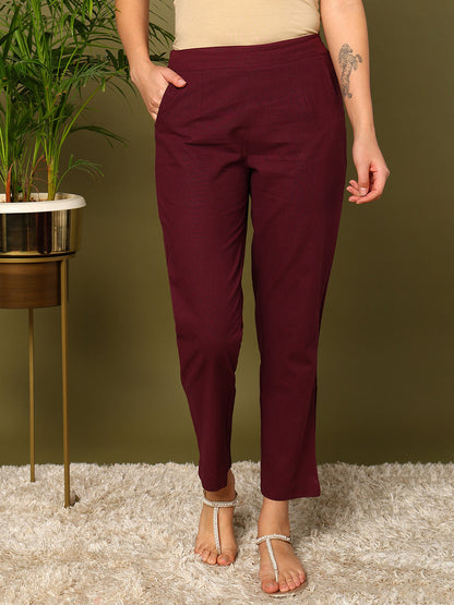 Wine Pure Cotton Solid Casual Trousers