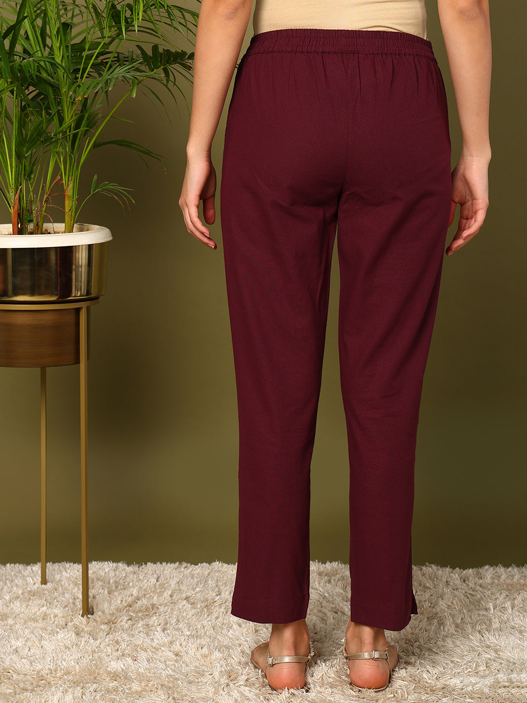 Wine Pure Cotton Solid Casual Trousers