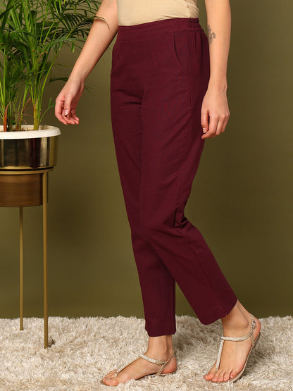 Wine Pure Cotton Solid Casual Trousers