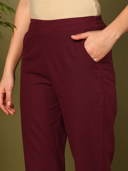 Wine Pure Cotton Solid Casual Trousers