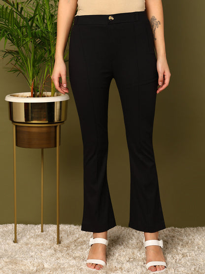 Black Lycra Blend Solid Bootcut Trousers