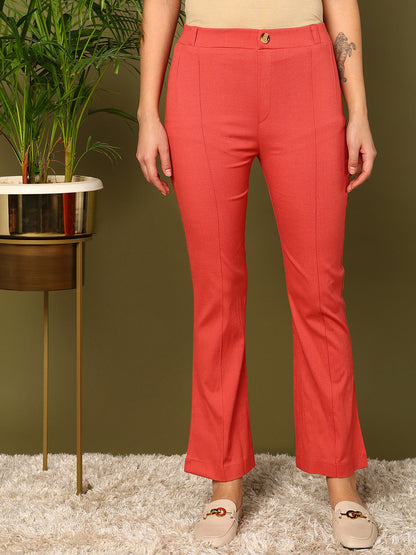 Light Pink Lycra Blend Solid Bootcut Trousers