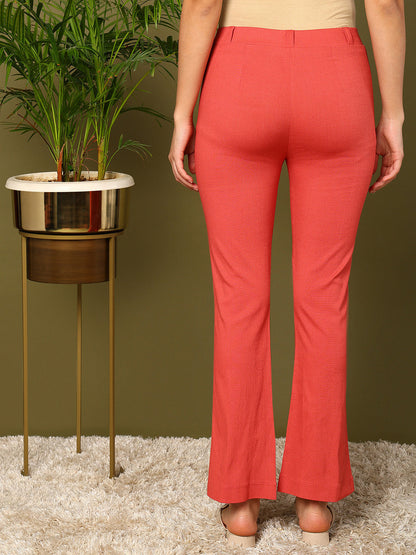 Light Pink Lycra Blend Solid Bootcut Trousers