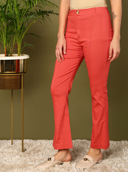 Light Pink Lycra Blend Solid Bootcut Trousers
