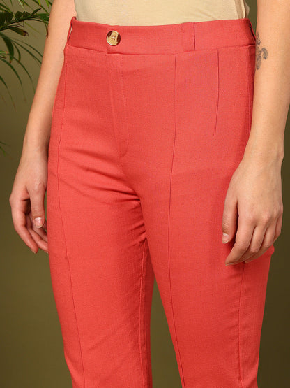 Light Pink Lycra Blend Solid Bootcut Trousers