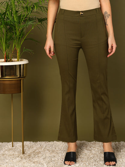 Green Lycra Blend Solid Bootcut Trousers