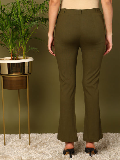 Green Lycra Blend Solid Bootcut Trousers