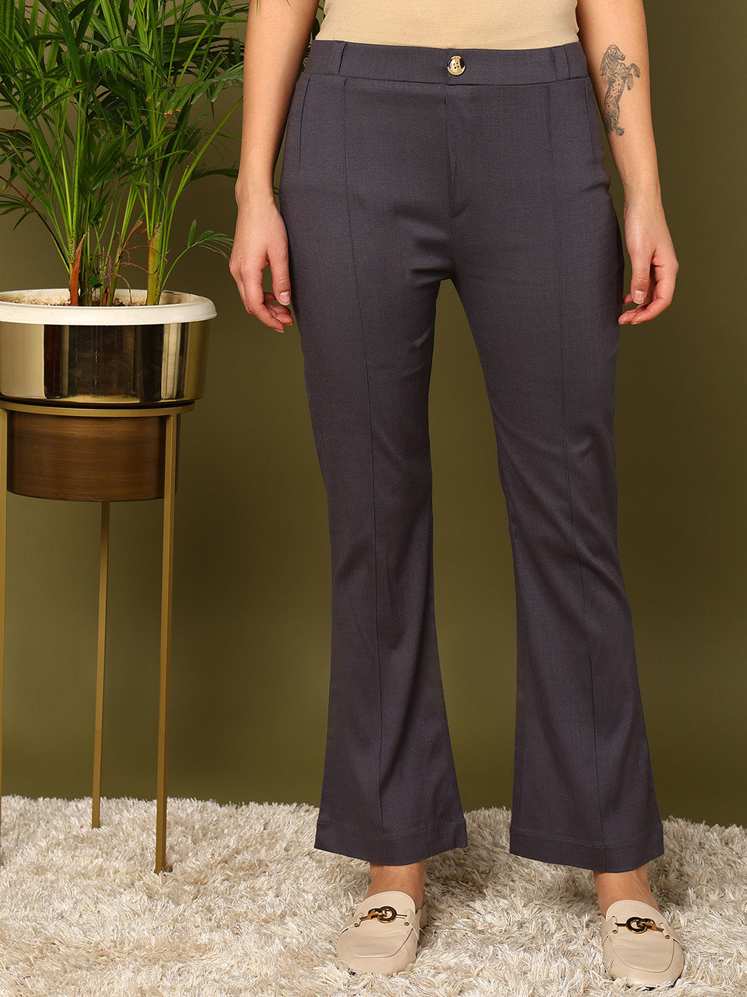 Grey Lycra Blend Solid Bootcut Trousers