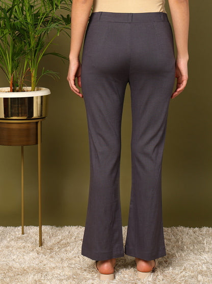 Grey Lycra Blend Solid Bootcut Trousers