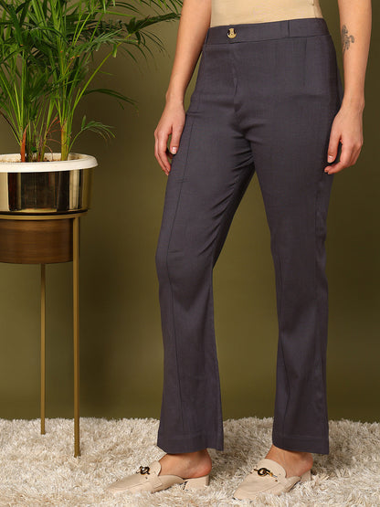 Grey Lycra Blend Solid Bootcut Trousers