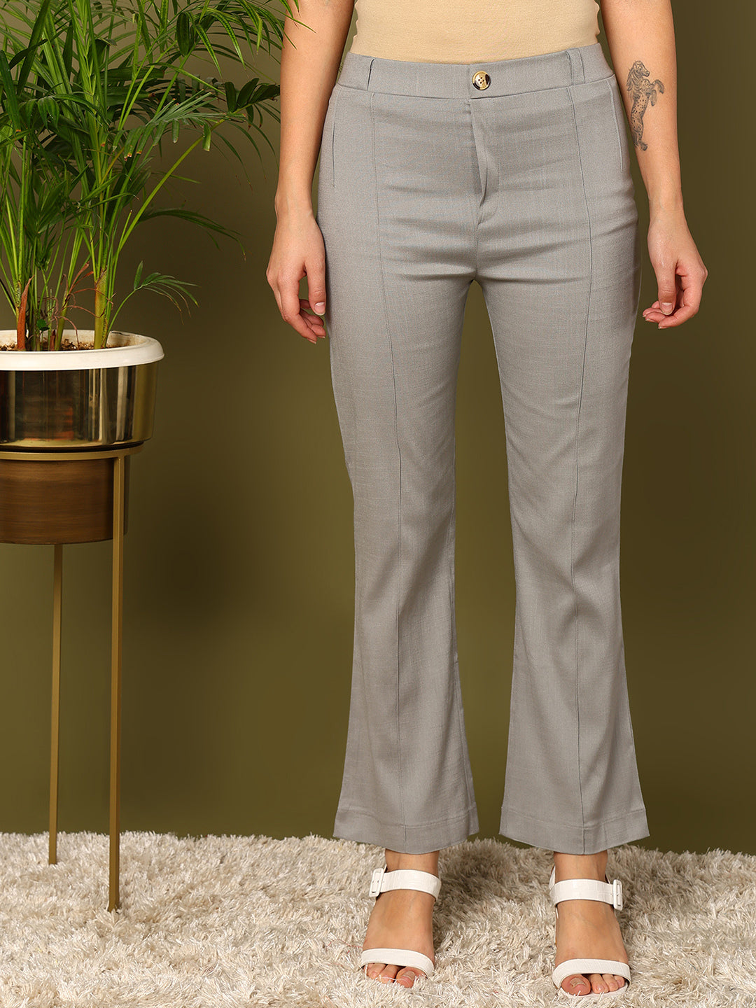 Light Grey Lycra Blend Solid Bootcut Trousers