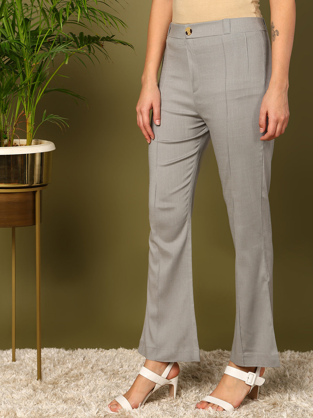 Light Grey Lycra Blend Solid Bootcut Trousers