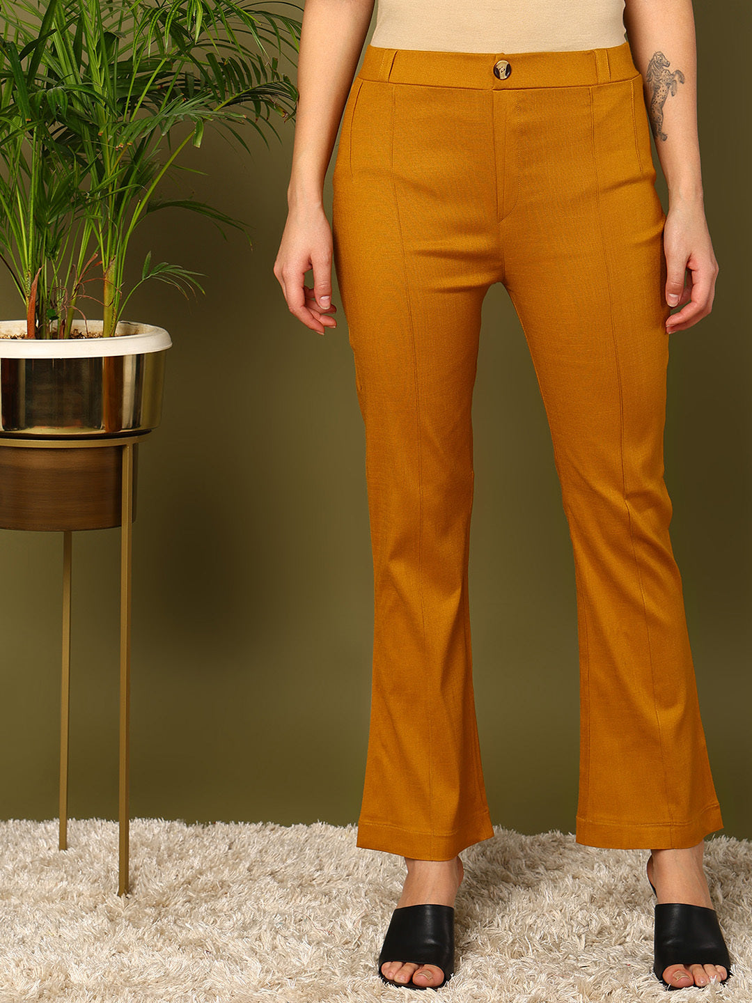 Yellow Lycra Blend Solid Bootcut Trousers