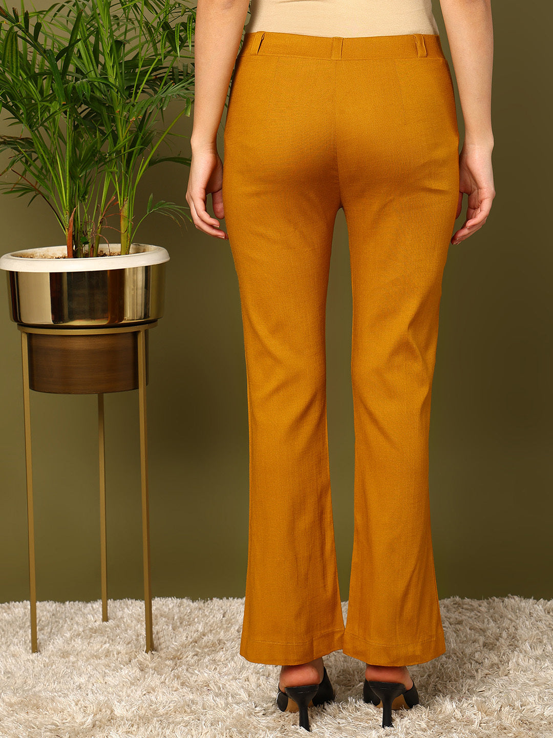 Yellow Lycra Blend Solid Bootcut Trousers