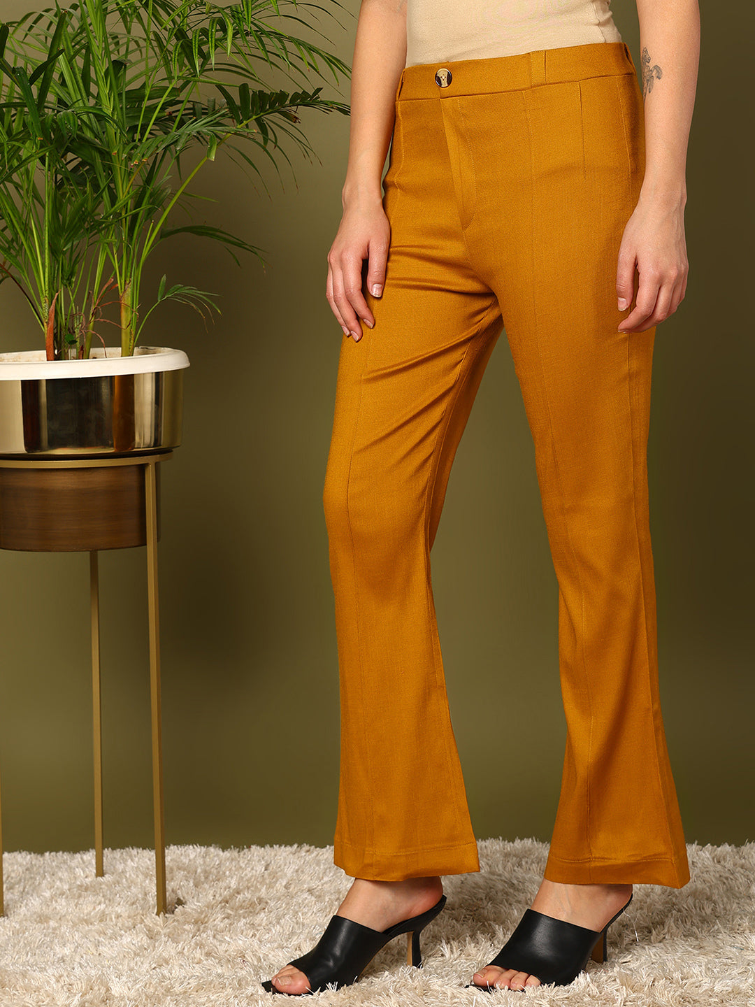 Yellow Lycra Blend Solid Bootcut Trousers