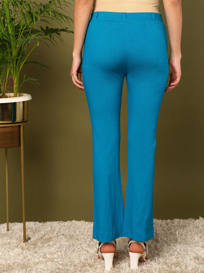 Blue Lycra Blend Solid Bootcut Trousers