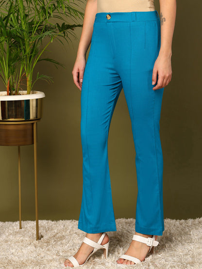 Blue Lycra Blend Solid Bootcut Trousers