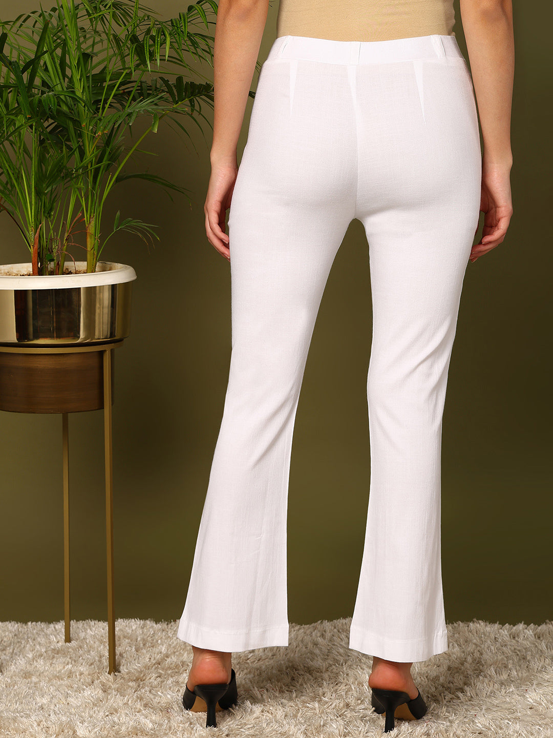 White Lycra Blend Solid Bootcut Trousers