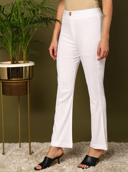 White Lycra Blend Solid Bootcut Trousers