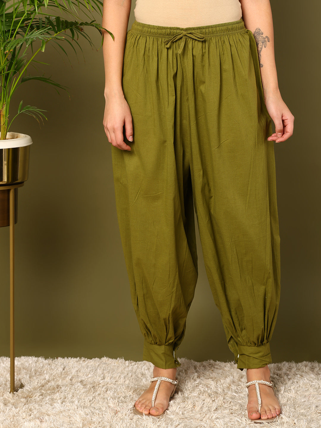 Green Cotton Solid Harem Pants