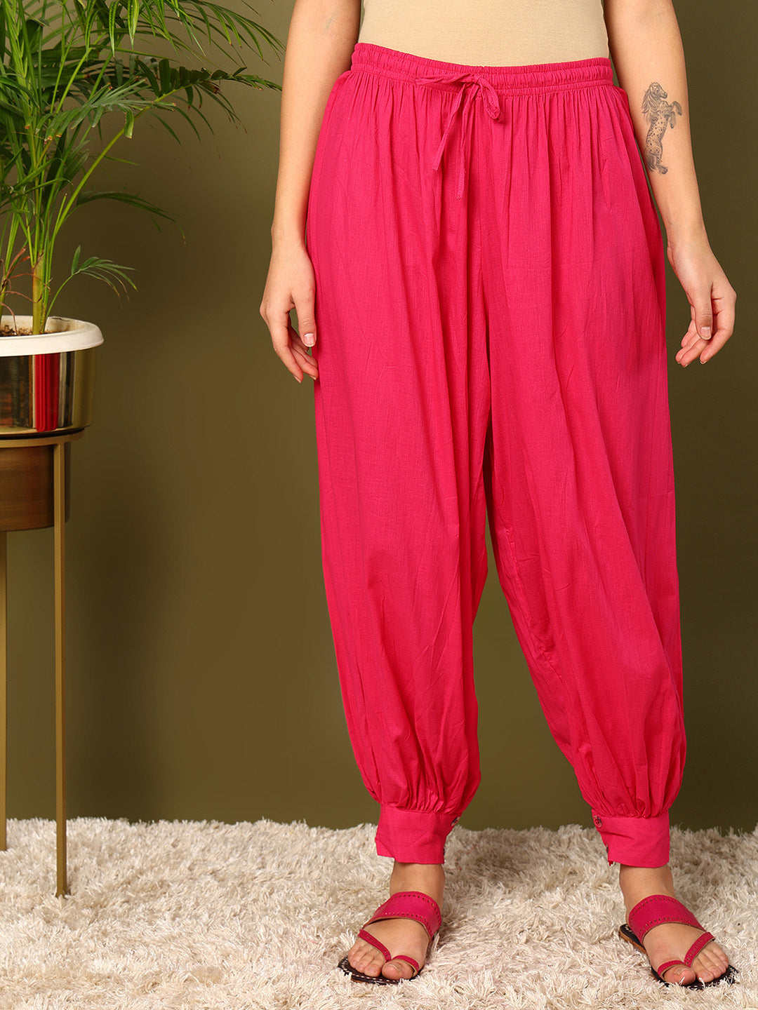 Pink Cotton Solid Harem Pants