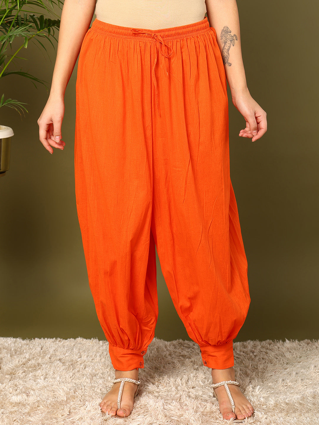 Orange Cotton Solid Harem Pants
