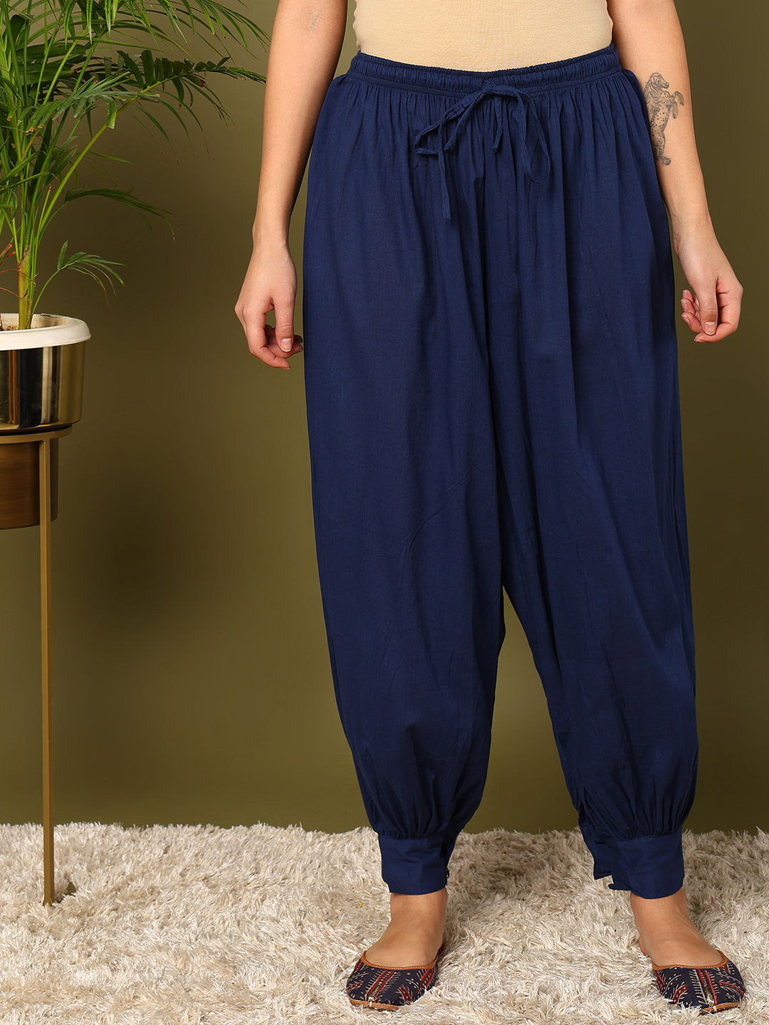 Blue Cotton Solid Harem Pants