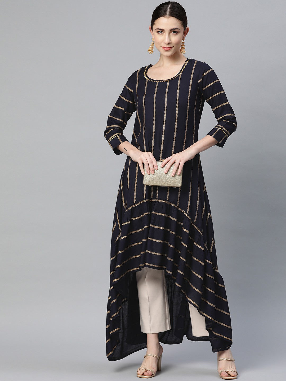 High Low Striped Viscose Rayon Kurta