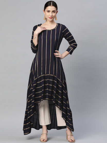 High Low Striped Viscose Rayon Kurta