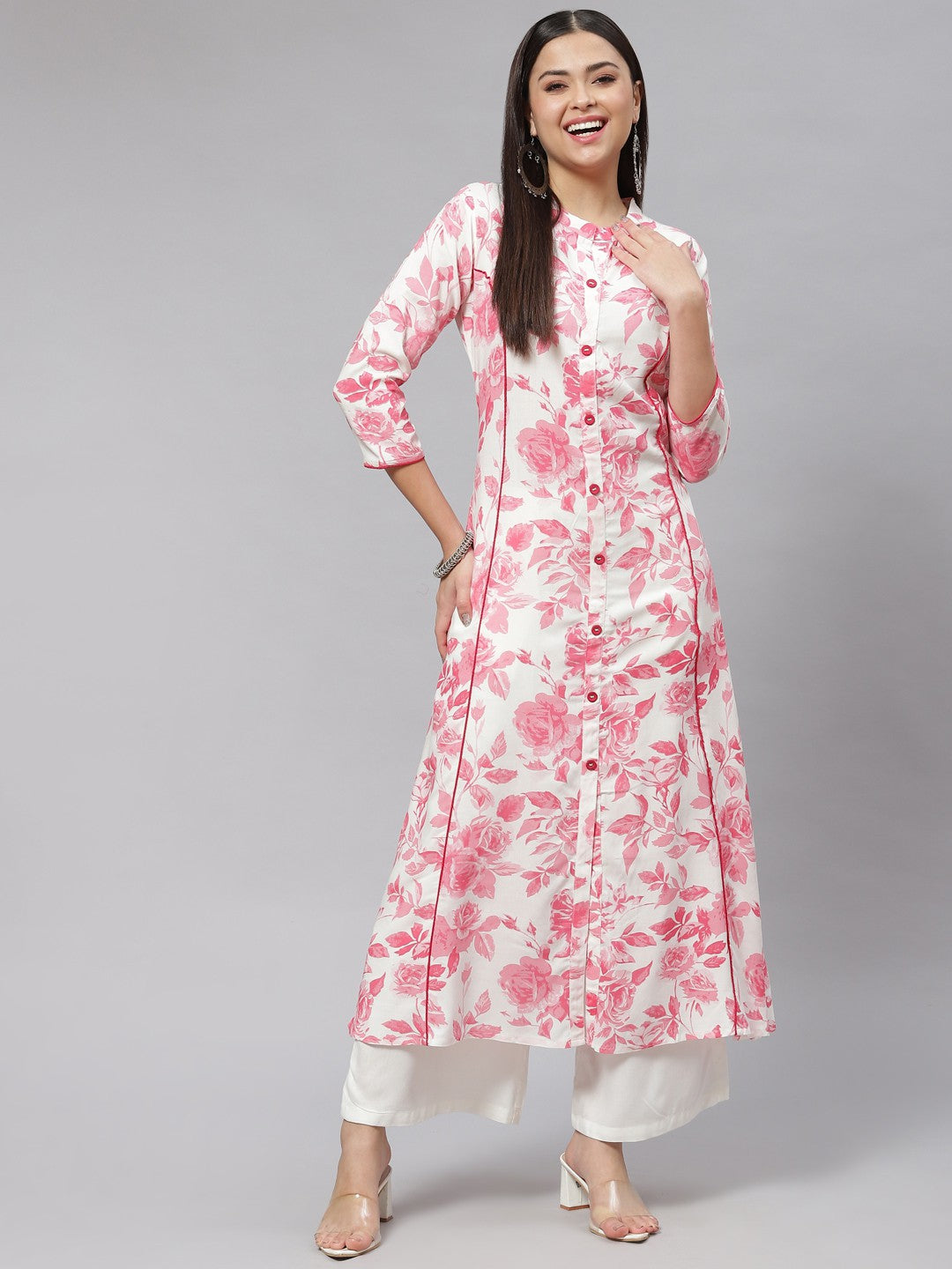 A-line Floral Print Viscose Rayon Kurta