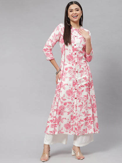 A-line Floral Print Viscose Rayon Kurta