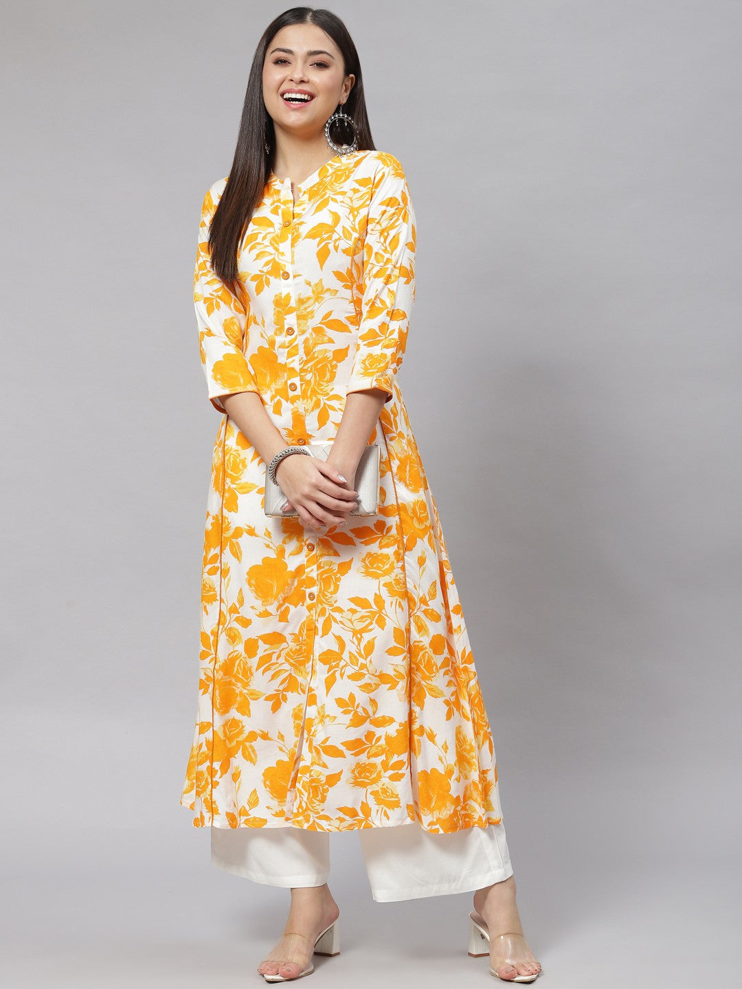 A-line Floral Print Viscose Rayon Kurta
