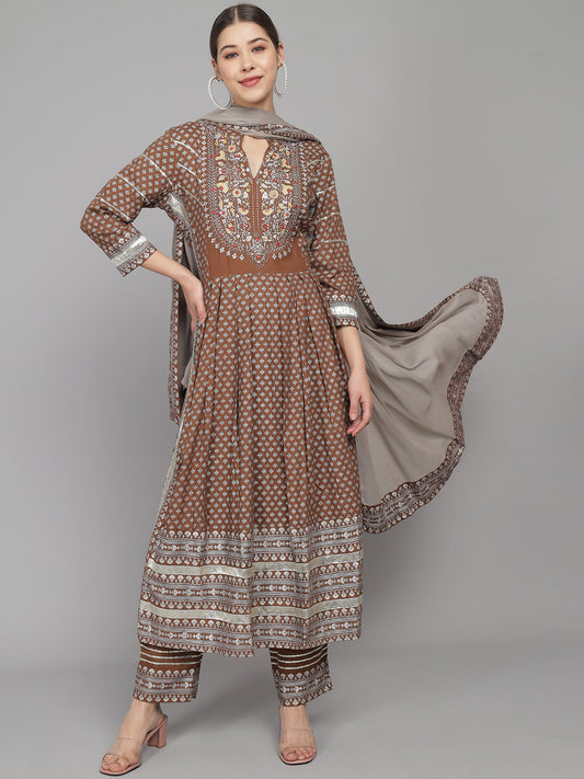 Embroidered Long A-line Viscose Kurta Set With Dupatta