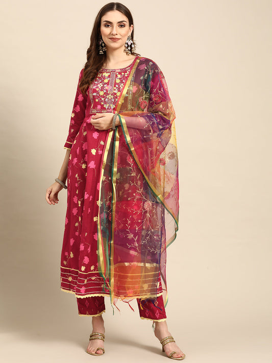 Embroidered Long A-Line Cotton Kurta Set With Dupatta