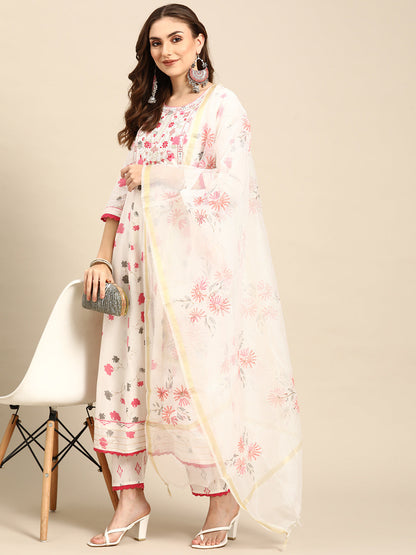 Embroidered Long A-Line Cotton Kurta Set With Dupatta