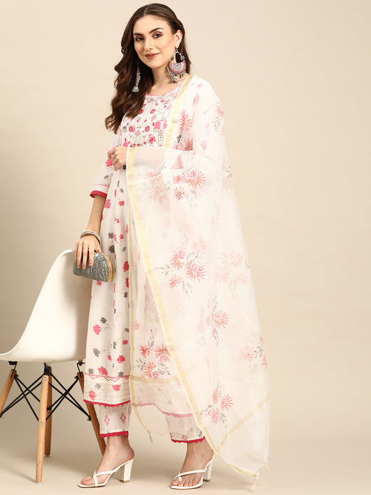 Embroidered Long A-Line Cotton Kurta Set With Dupatta