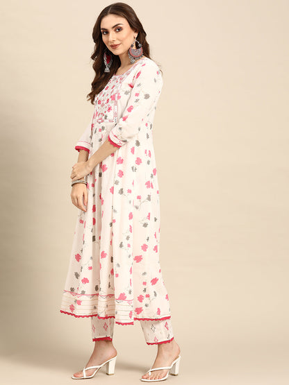 Embroidered Long A-Line Cotton Kurta Set With Dupatta