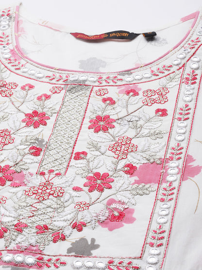 Embroidered Long A-Line Cotton Kurta Set With Dupatta