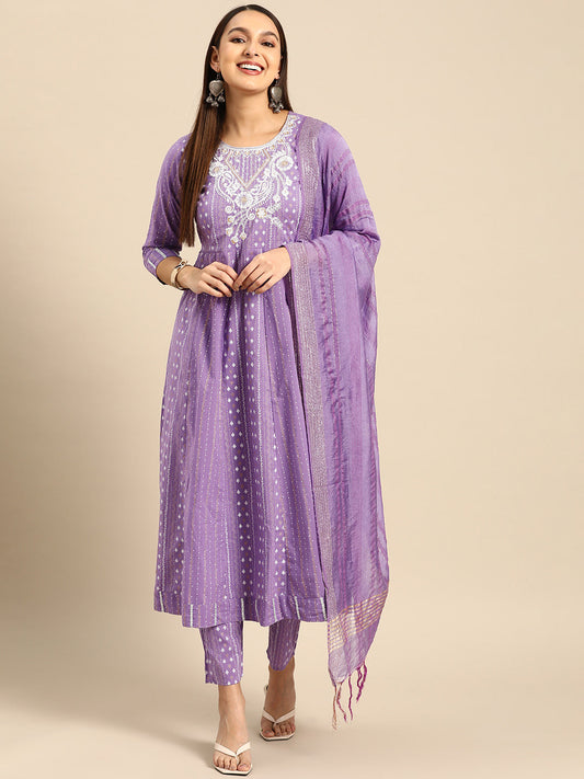 Embroidered Long A-line Cotton kurta Set With Dupatta
