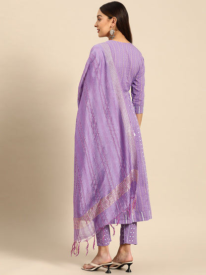 Embroidered Long A-line Cotton kurta Set With Dupatta