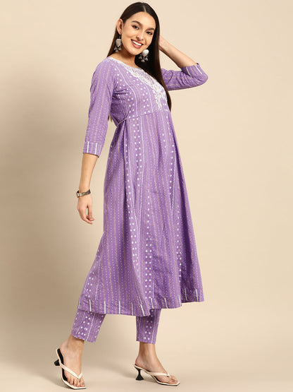 Embroidered Long A-line Cotton kurta Set With Dupatta