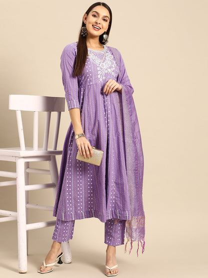 Embroidered Long A-line Cotton kurta Set With Dupatta