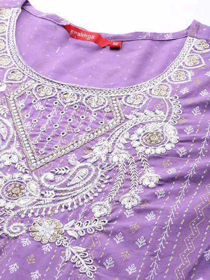 Embroidered Long A-line Cotton kurta Set With Dupatta